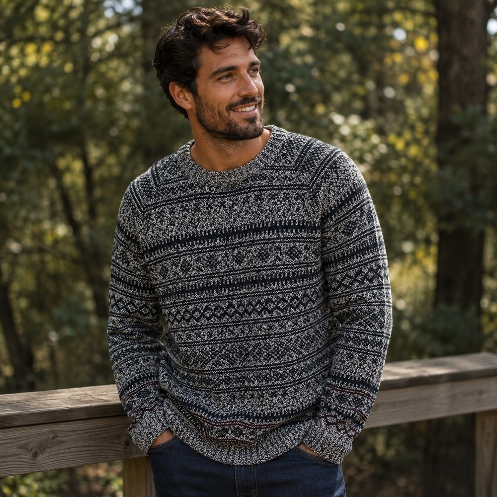 Haggar Marl Fairisle Navy Blue Sweater Long Sleeve Crew Neck Cotton Blend Mens L